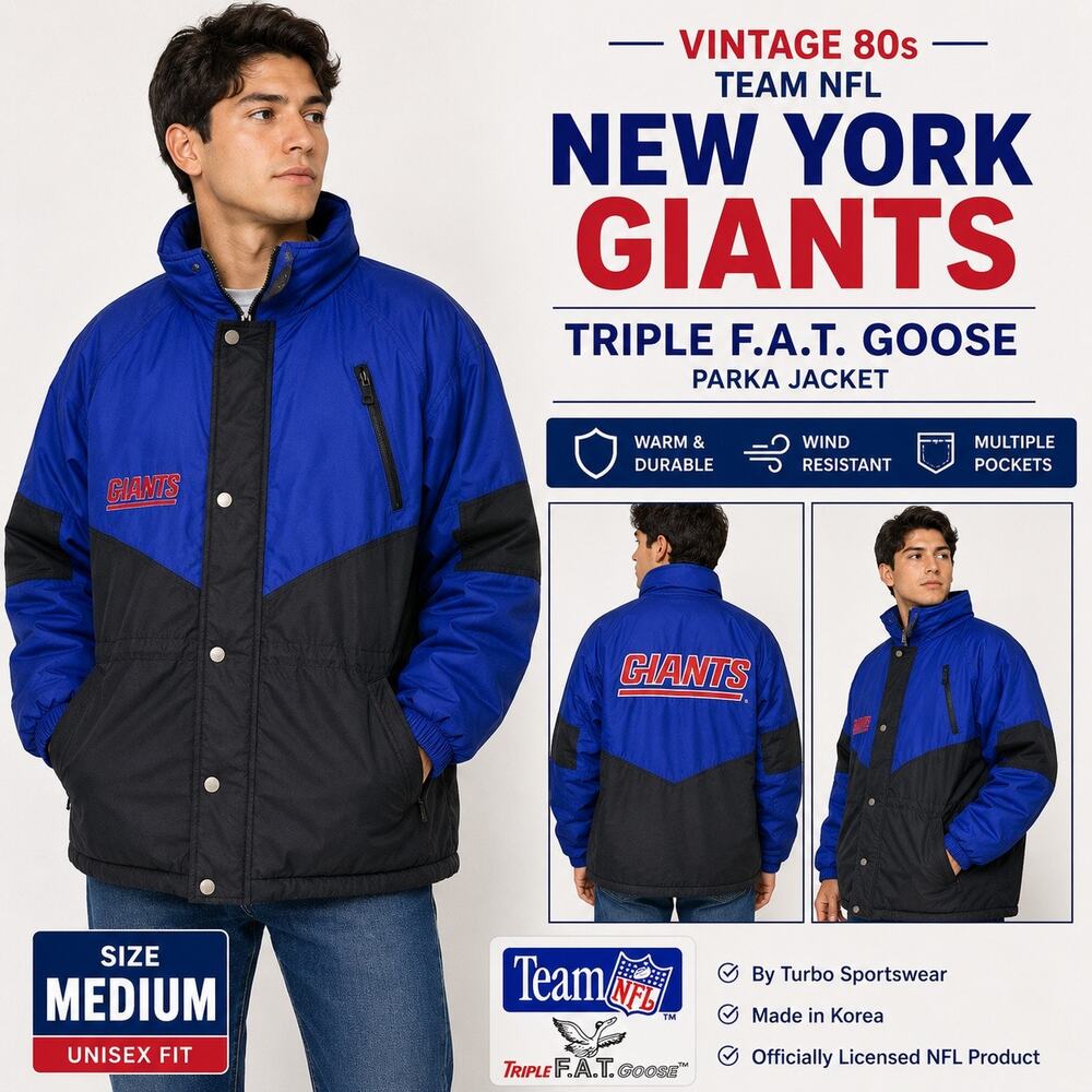Vintage New York Giants Jacket Triple F.A.T. Goose NFL Parka Blue Black Mens Med